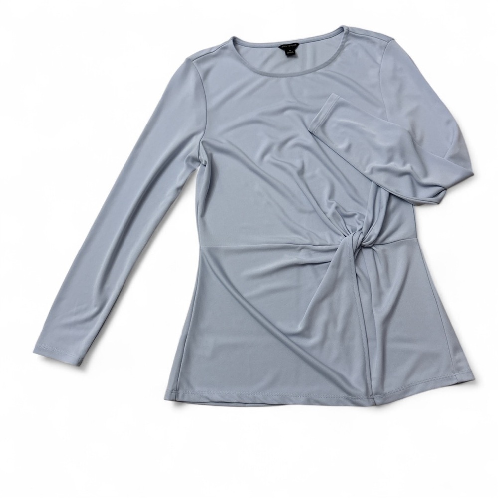 Ann Taylor Blouse XS Light Blue Long Sleeve Knot Front Side Ruched Knit